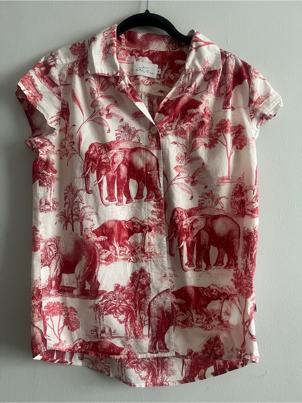 The Cats Elephant Print Short-Sleeve Button-Up Cotton Top size S